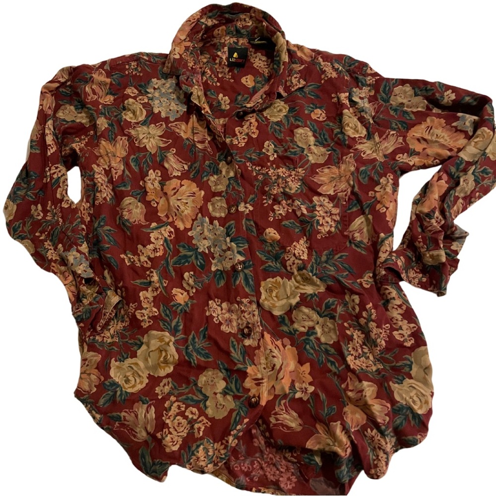 90s vintage Liz Sport floral burgundy button-down